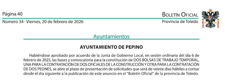 PUBLICADO EN EL BOP LAS BASES PARA DOS PLAZAS DE OFICIALES y DOS OPERARIOS